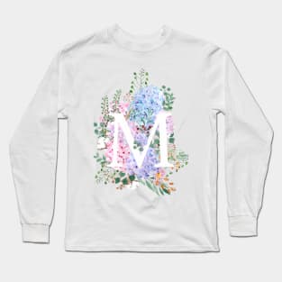 botanical monogram alphabet M hydrangea flowers Long Sleeve T-Shirt